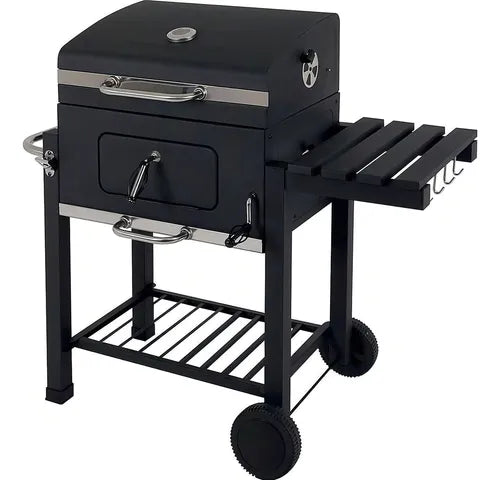 Churrasqueira Externa A Bafo Carvão Grelhas Rodas Termômetro Cor Preto