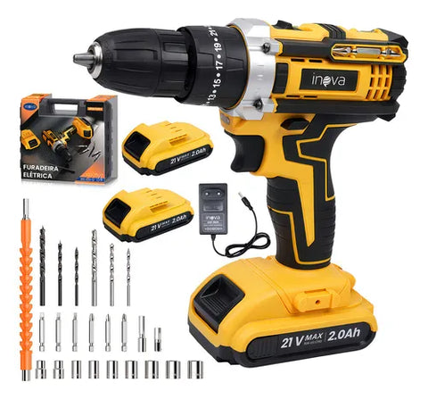 Parafusadeira Furadeira De Impacto Profissional Inova Furadeira E De Impacto Sem Fio Com Led 2 Baterias Recarregáveis E 27 Acessórios / Maleta Completa Para Uso Profissional E Doméstico