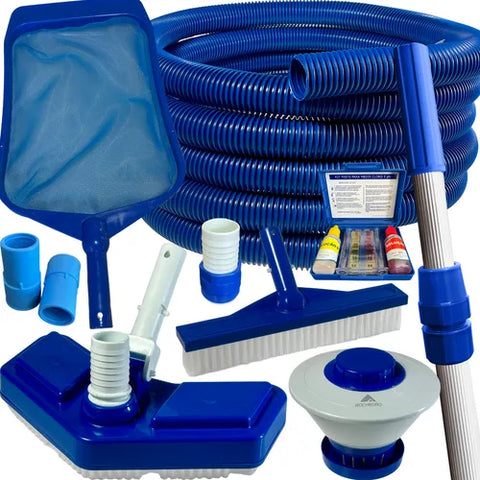 Kit Limpeza De Piscina Fibra Vinil Alvenaria Acessorios Aspirador Peneira Escova Mangueira Cabo 3m Clorador Teste Cloro Ph