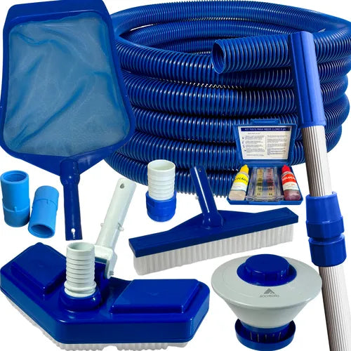 Kit Limpeza De Piscina Fibra Vinil Alvenaria Acessorios Aspirador Peneira Escova Mangueira Cabo 3m Clorador Teste Cloro Ph